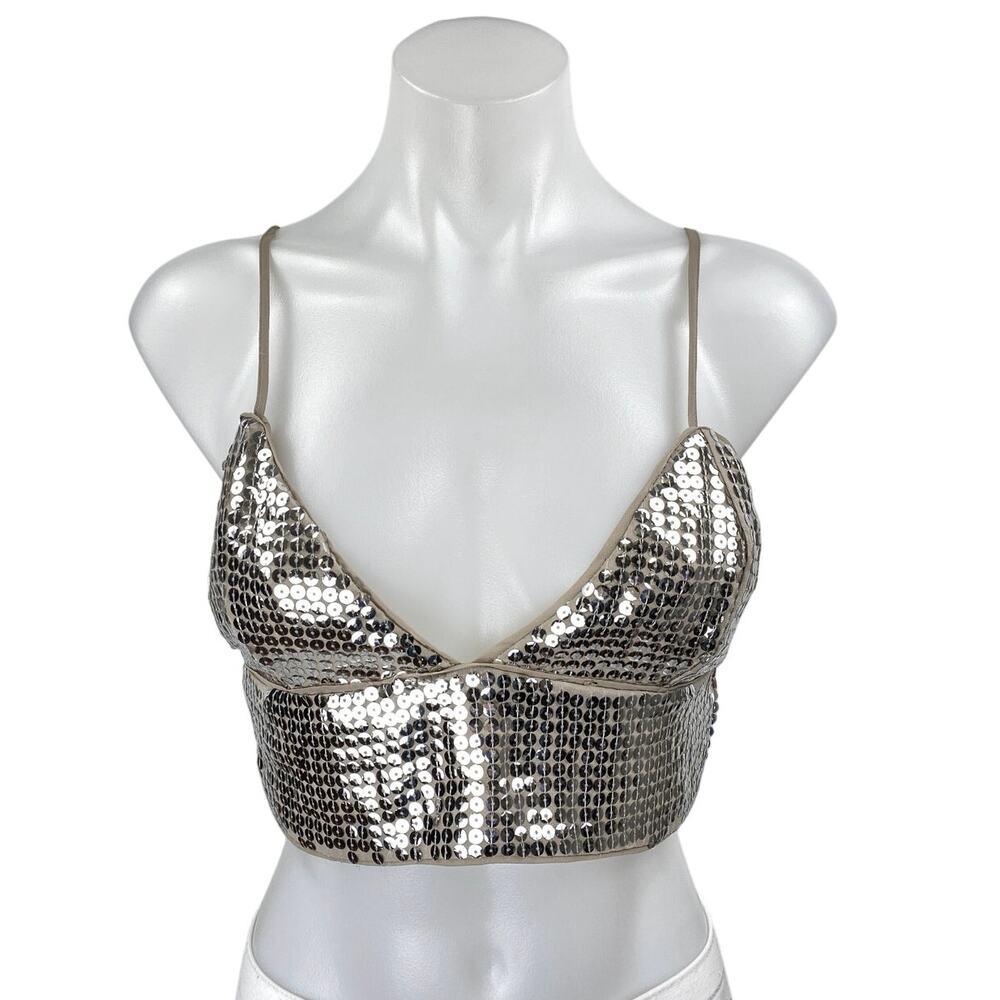 NBD Silver Beige Sequin Metallic Sleeveless Cami Camisole Tank Crop Top Size S